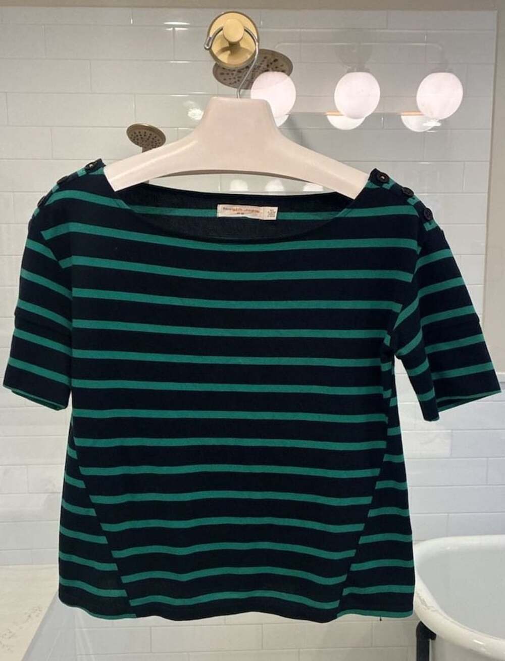 Pilcro and the Letterpress Green and Navy Striped Short Sleeve Knit Top XS